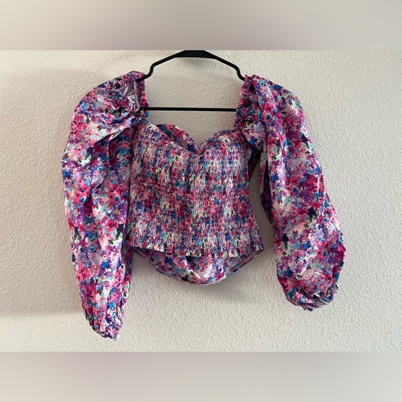 Purple Floral Puff Sleeve Top